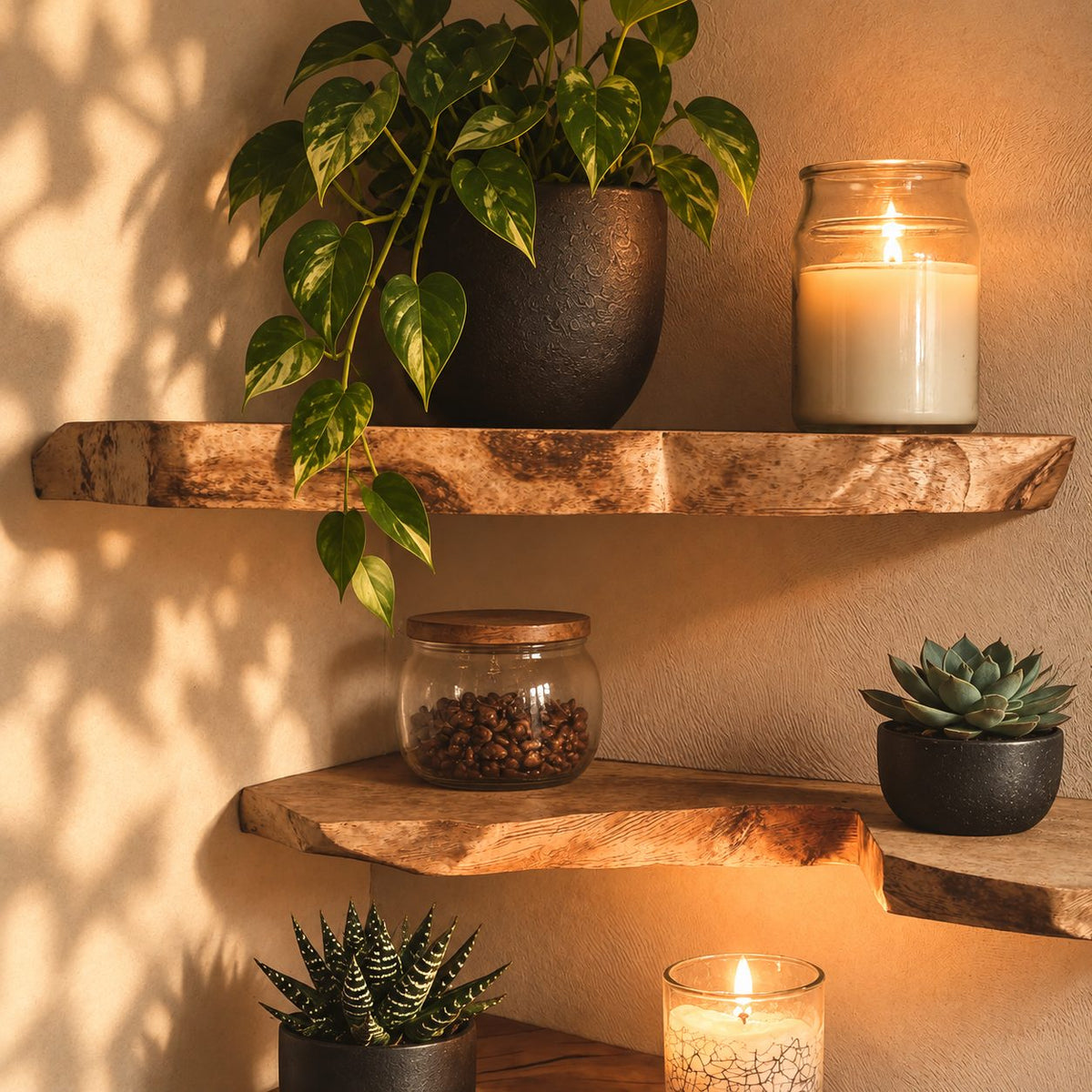Rounded Live Edge Corner Shelf, Thick Solid Wood Floating Corner Shelf with Soft Bark Rim for Cozy Nooks