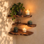 Rounded Live Edge Corner Shelf, Thick Solid Wood Floating Corner Shelf with Soft Bark Rim for Cozy Nooks