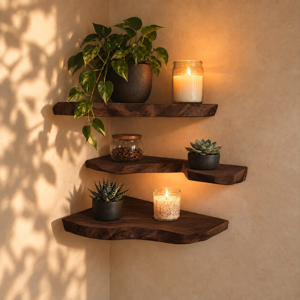 Rounded Live Edge Corner Shelf, Thick Solid Wood Floating Corner Shelf with Soft Bark Rim for Cozy Nooks