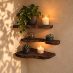 Rounded Live Edge Corner Shelf, Thick Solid Wood Floating Corner Shelf with Soft Bark Rim for Cozy Nooks