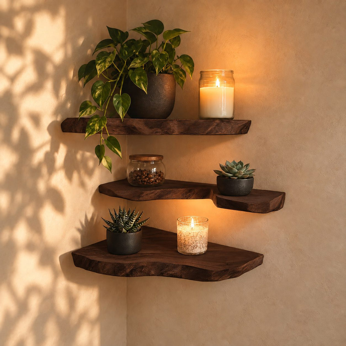 Rounded Live Edge Corner Shelf, Thick Solid Wood Floating Corner Shelf with Soft Bark Rim for Cozy Nooks