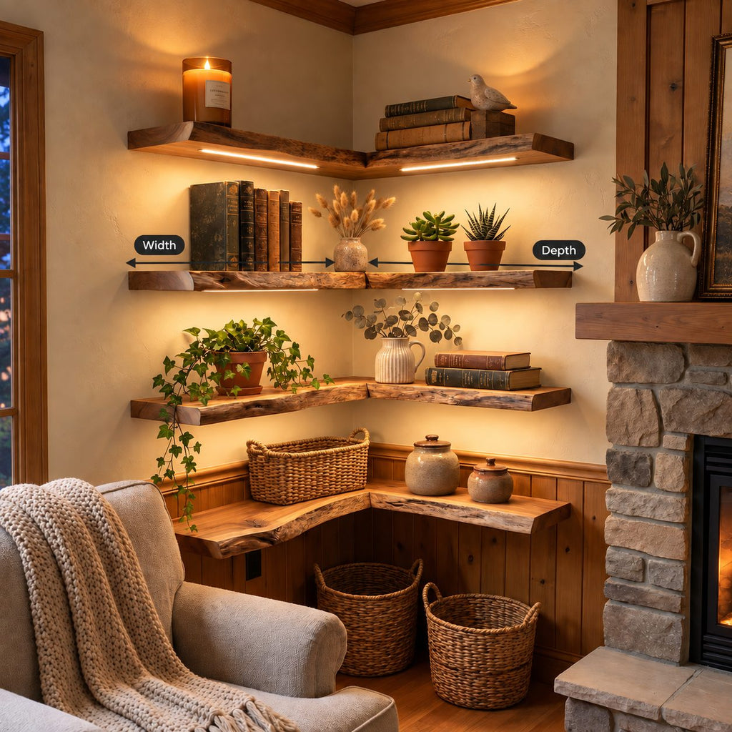 Reading Nook Corner Shelf, L Shaped Live Edge Solid Wood Floating Shelf with Long Arms for Books