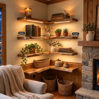 Reading Nook Corner Shelf, L Shaped Live Edge Solid Wood Floating Shelf with Long Arms for Books