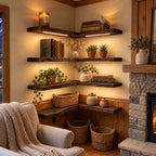 Reading Nook Corner Shelf, L Shaped Live Edge Solid Wood Floating Shelf with Long Arms for Books
