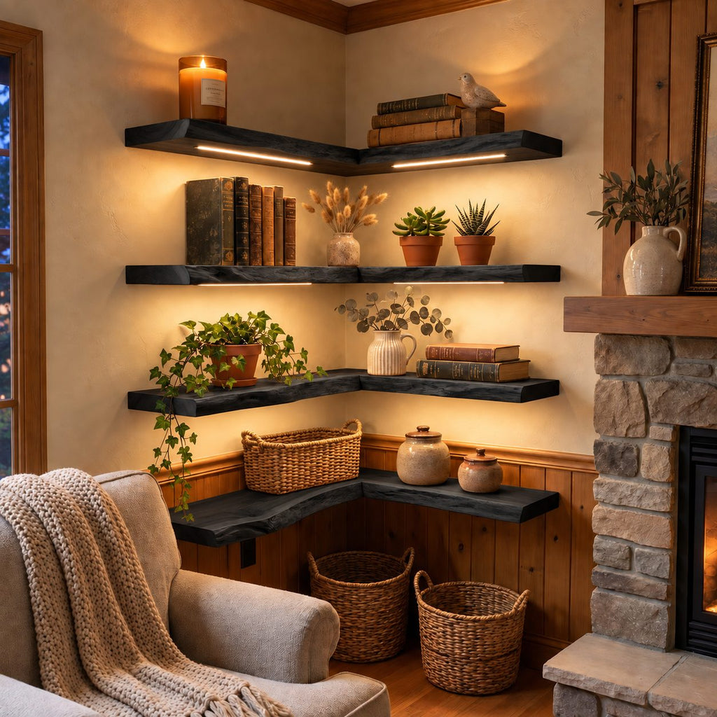 Reading Nook Corner Shelf, L Shaped Live Edge Solid Wood Floating Shelf with Long Arms for Books