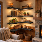 Reading Nook Corner Shelf, L Shaped Live Edge Solid Wood Floating Shelf with Long Arms for Books