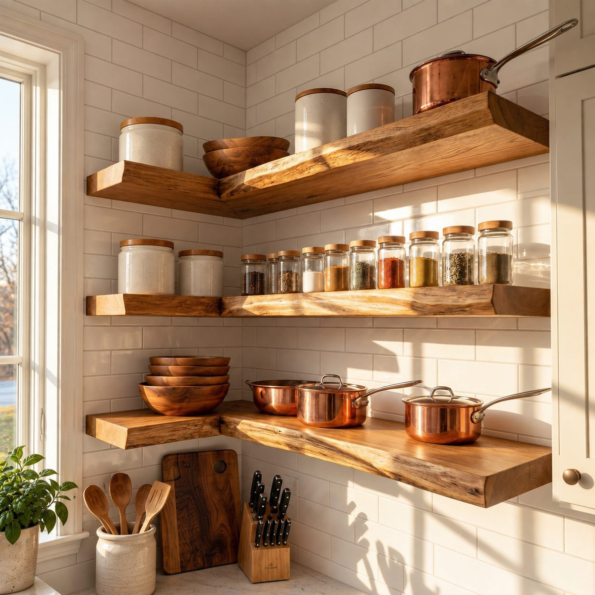 Wraparound Kitchen Corner Shelf 47-70 Inch, L Shaped Solid Wood Floating Shelf 10 Inch Deep