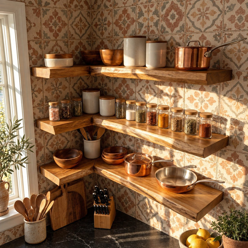 Wraparound Kitchen Corner Shelf 47-70 Inch, L Shaped Solid Wood Floating Shelf 10 Inch Deep