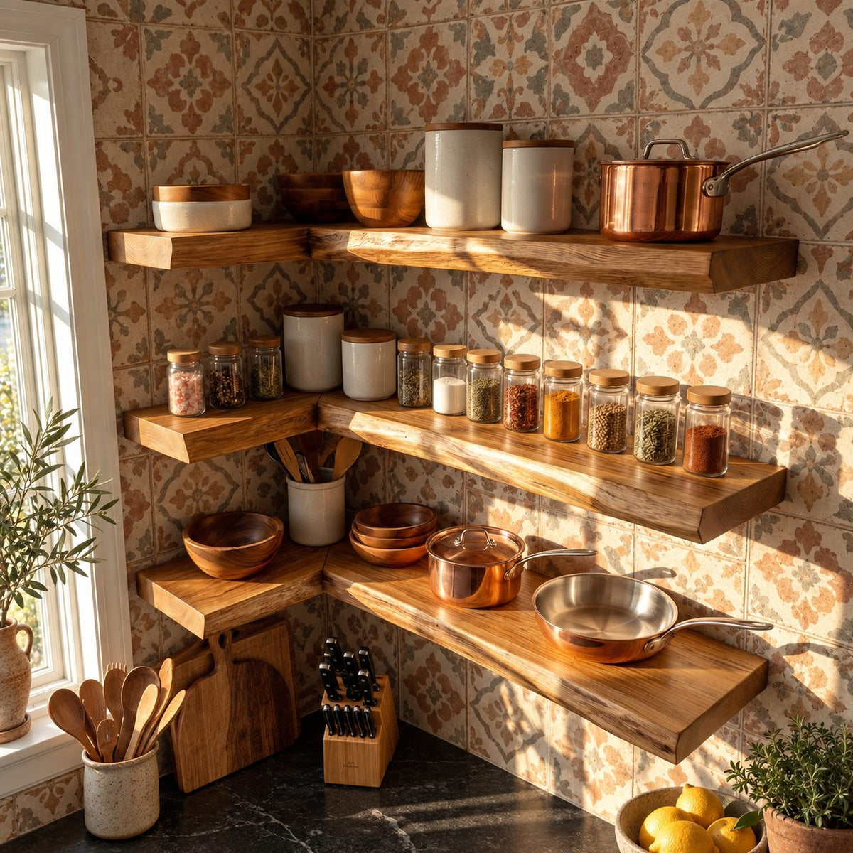 Wraparound Kitchen Corner Shelf 47-70 Inch, L Shaped Solid Wood Floating Shelf 10 Inch Deep