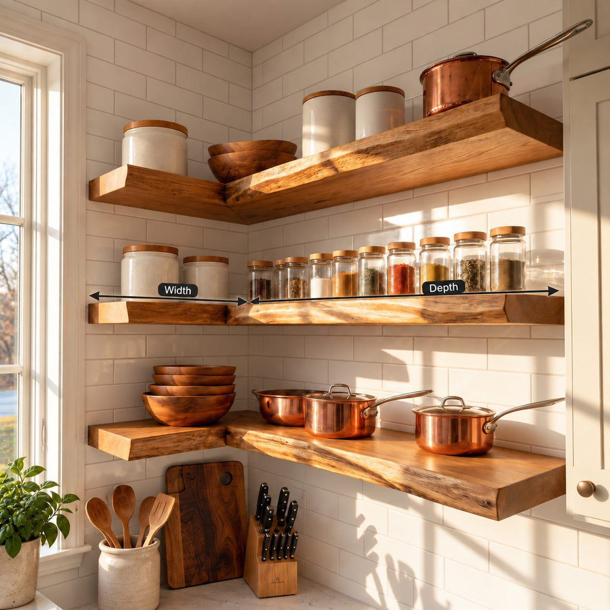 Wraparound Kitchen Corner Shelf 47-70 Inch, L Shaped Solid Wood Floating Shelf 10 Inch Deep