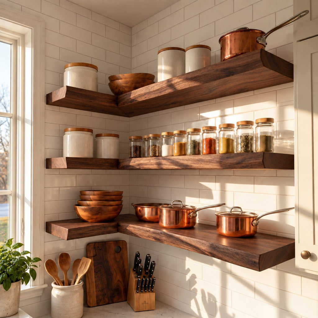 Wraparound Kitchen Corner Shelf 47-70 Inch, L Shaped Solid Wood Floating Shelf 10 Inch Deep