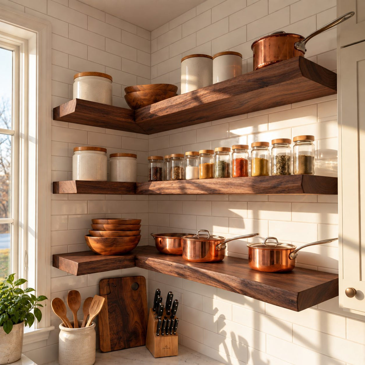 Wraparound Kitchen Corner Shelf 47-70 Inch, L Shaped Solid Wood Floating Shelf 10 Inch Deep