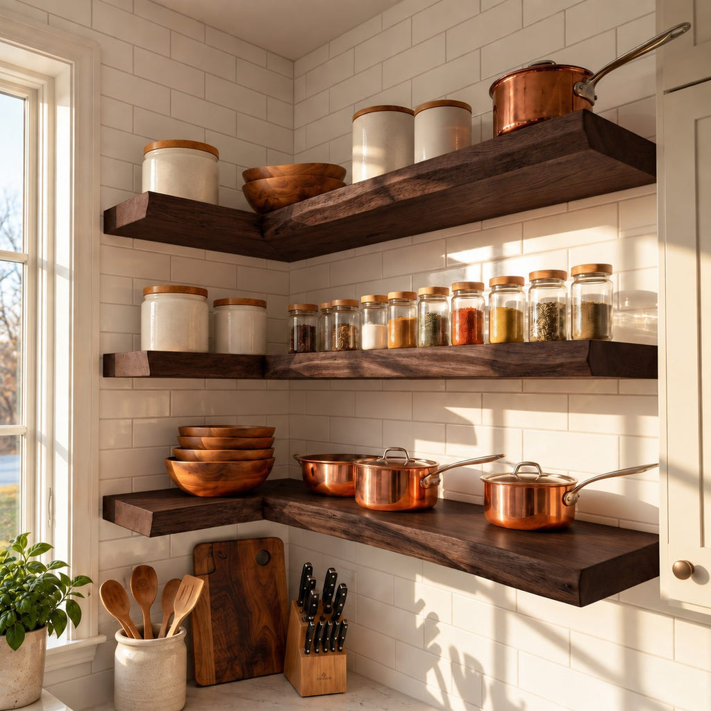 Wraparound Kitchen Corner Shelf 47-70 Inch, L Shaped Solid Wood Floating Shelf 10 Inch Deep