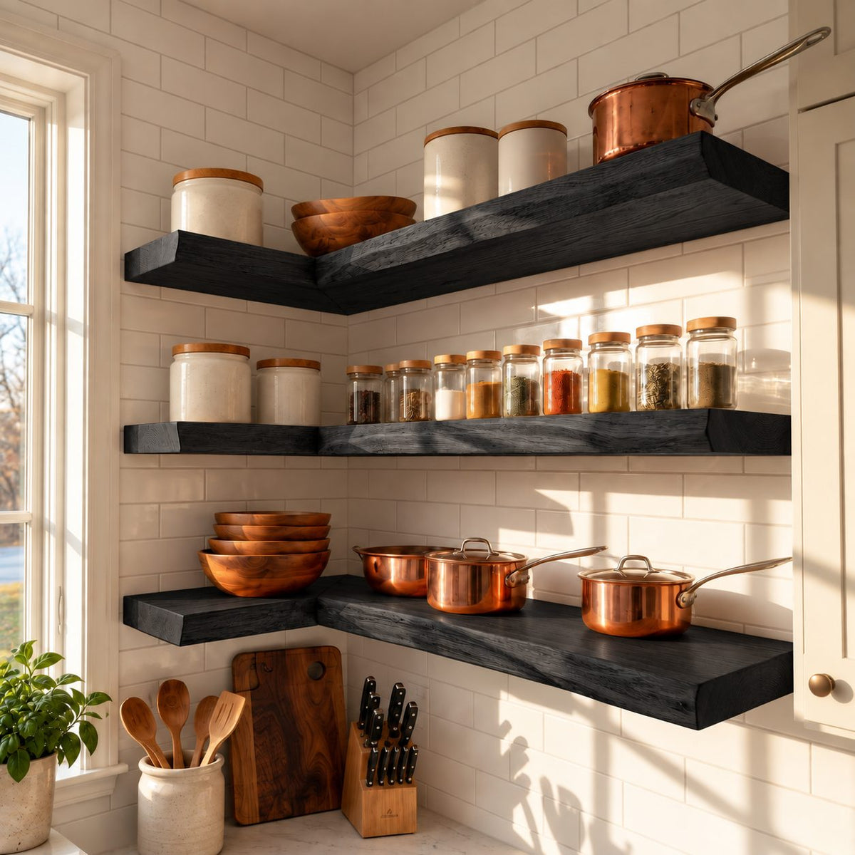 Wraparound Kitchen Corner Shelf 47-70 Inch, L Shaped Solid Wood Floating Shelf 10 Inch Deep