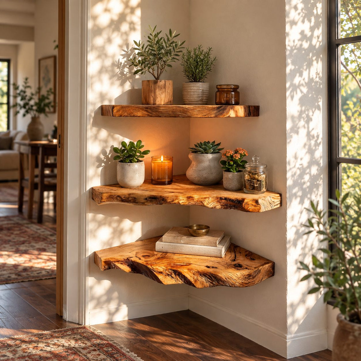 Rugged Live Edge Corner Shelf, Thick Solid Wood Floating Corner Shelf with Deep Wavy Underside Edge