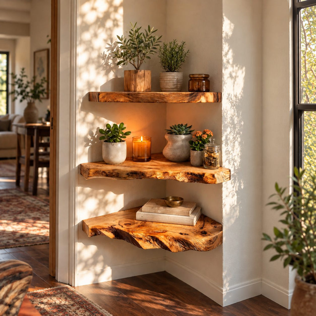 Rugged Live Edge Corner Shelf, Thick Solid Wood Floating Corner Shelf with Deep Wavy Underside Edge