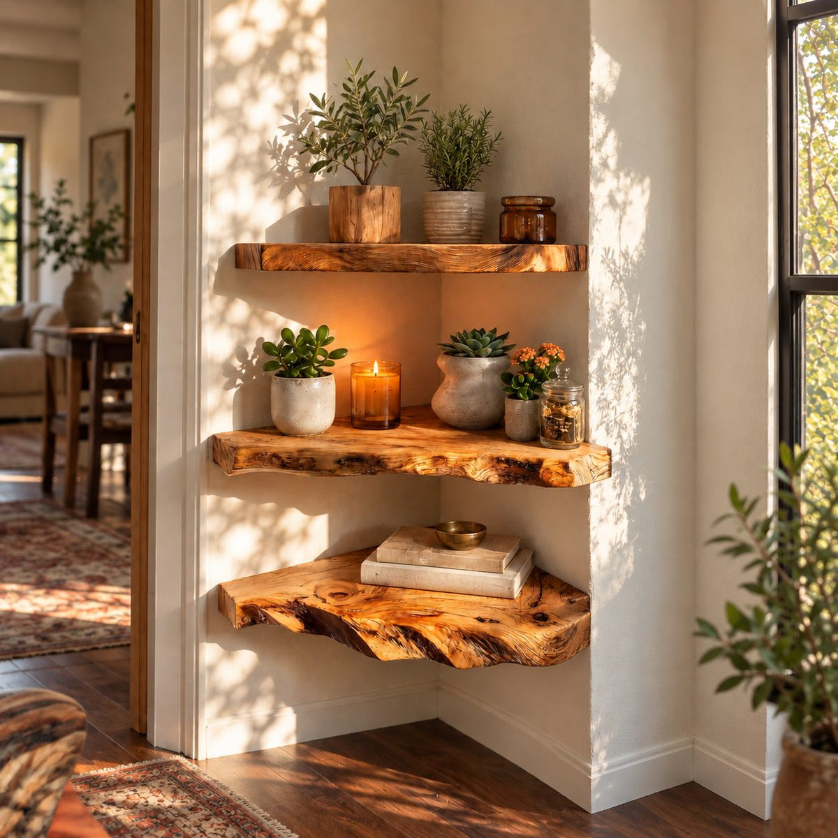 Rugged Live Edge Corner Shelf, Thick Solid Wood Floating Corner Shelf with Deep Wavy Underside Edge