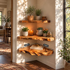 Rugged Live Edge Corner Shelf, Thick Solid Wood Floating Corner Shelf with Deep Wavy Underside Edge