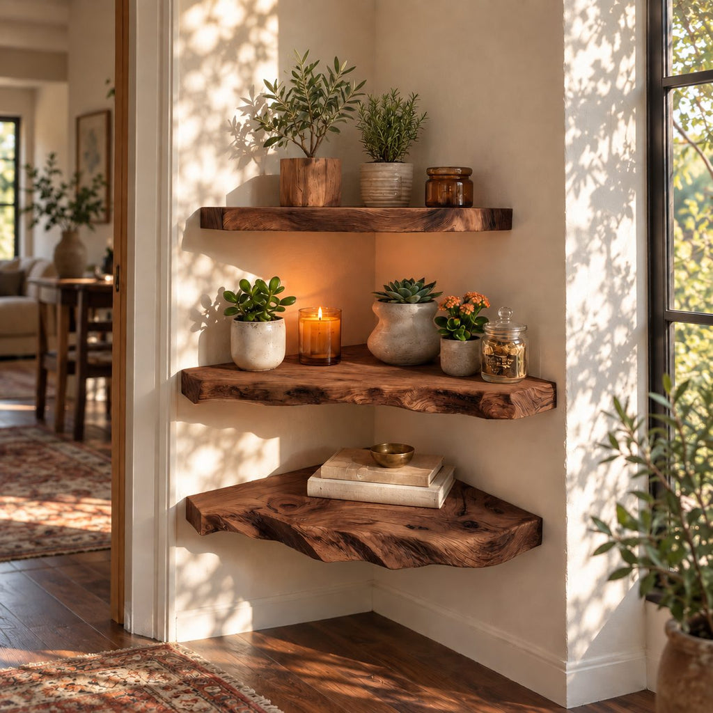 Rugged Live Edge Corner Shelf, Thick Solid Wood Floating Corner Shelf with Deep Wavy Underside Edge