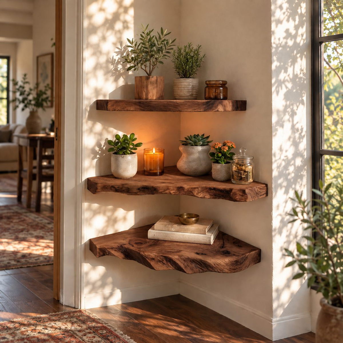 Rugged Live Edge Corner Shelf, Thick Solid Wood Floating Corner Shelf with Deep Wavy Underside Edge