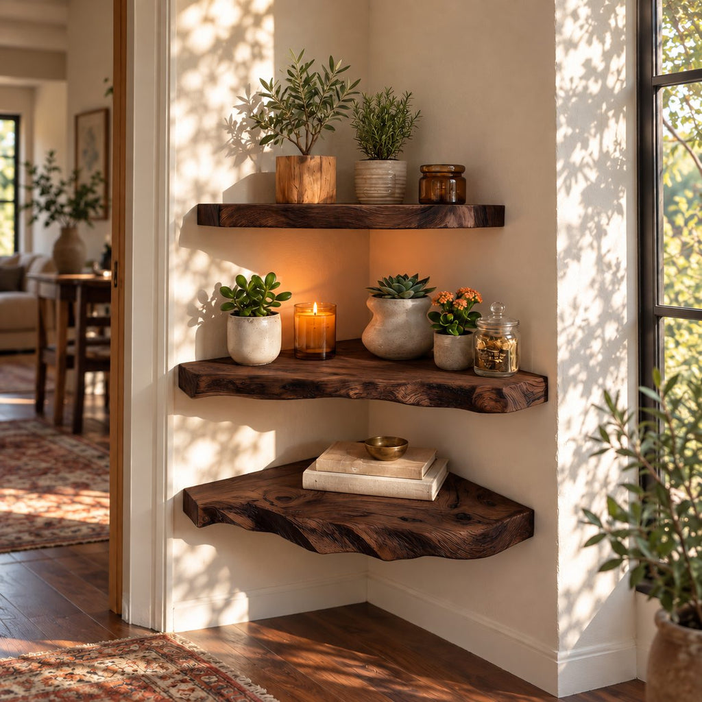 Rugged Live Edge Corner Shelf, Thick Solid Wood Floating Corner Shelf with Deep Wavy Underside Edge