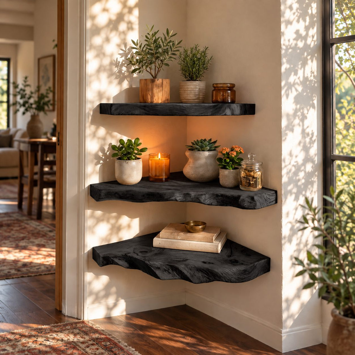 Rugged Live Edge Corner Shelf, Thick Solid Wood Floating Corner Shelf with Deep Wavy Underside Edge