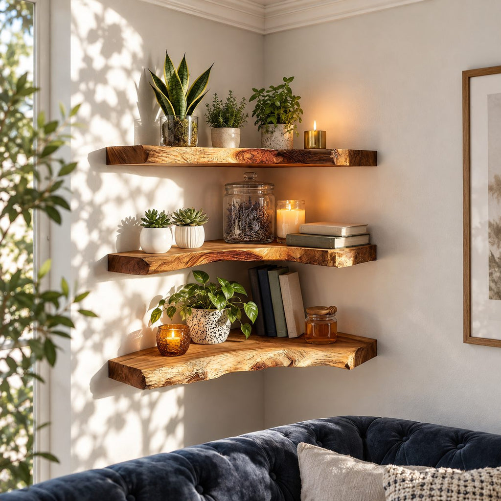 Figured Grain Corner Floating Shelf, Thick Live Edge Solid Wood Corner Shelf for Plants and Candles