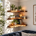 Figured Grain Corner Floating Shelf, Thick Live Edge Solid Wood Corner Shelf for Plants and Candles