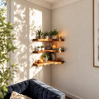 Figured Grain Corner Floating Shelf, Thick Live Edge Solid Wood Corner Shelf for Plants and Candles