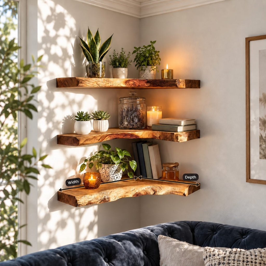Figured Grain Corner Floating Shelf, Thick Live Edge Solid Wood Corner Shelf for Plants and Candles