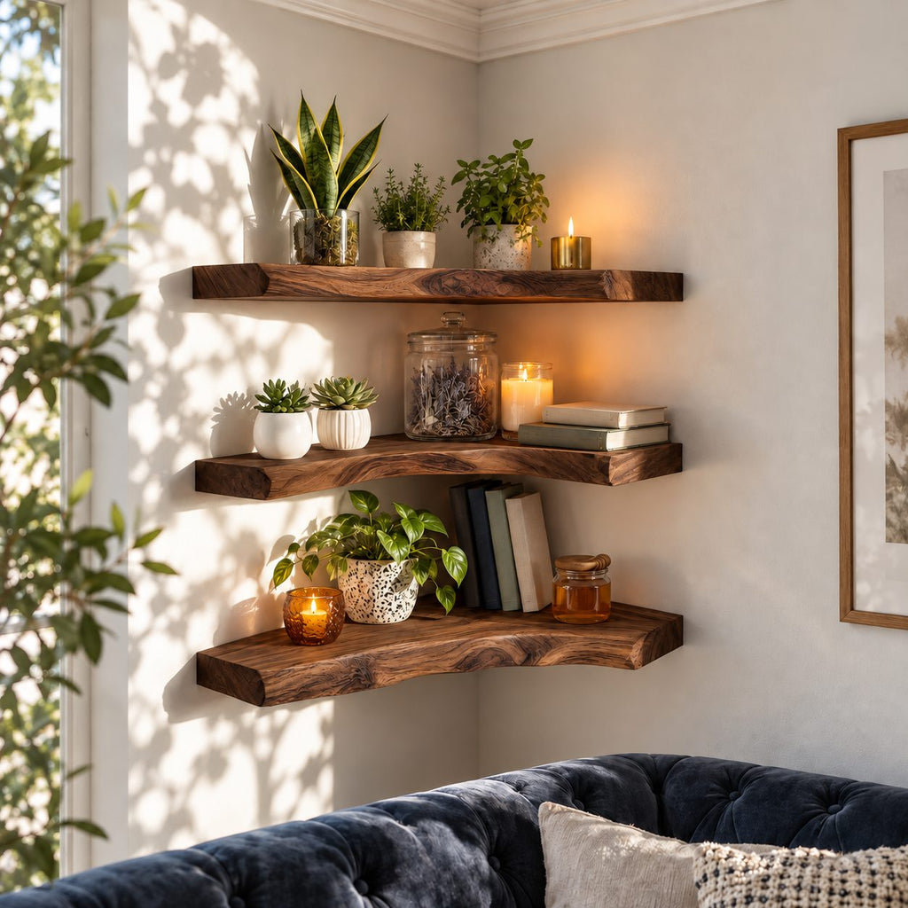 Figured Grain Corner Floating Shelf, Thick Live Edge Solid Wood Corner Shelf for Plants and Candles