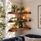 Figured Grain Corner Floating Shelf, Thick Live Edge Solid Wood Corner Shelf for Plants and Candles