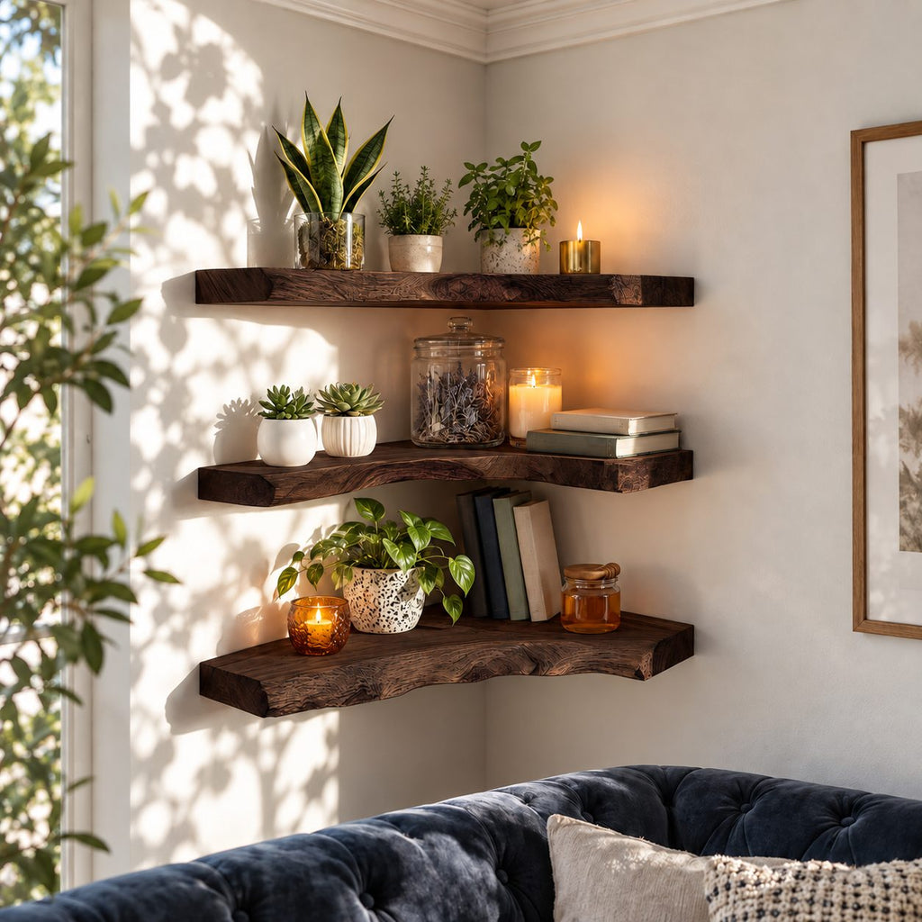 Figured Grain Corner Floating Shelf, Thick Live Edge Solid Wood Corner Shelf for Plants and Candles