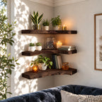 Figured Grain Corner Floating Shelf, Thick Live Edge Solid Wood Corner Shelf for Plants and Candles