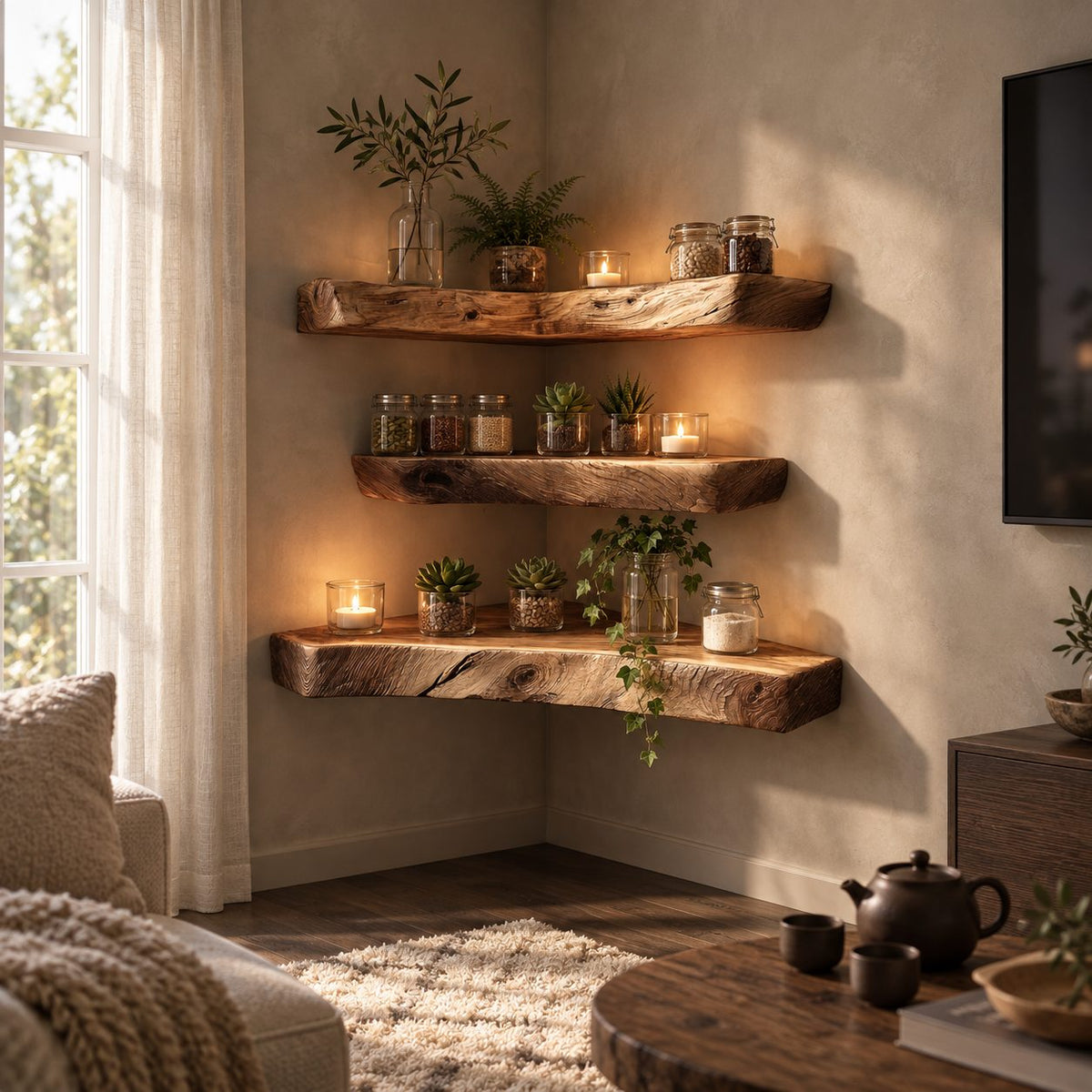 Weathered Chunky Corner Shelf, Solid Wood Floating Corner Shelf with Open Grain Checks and Knots