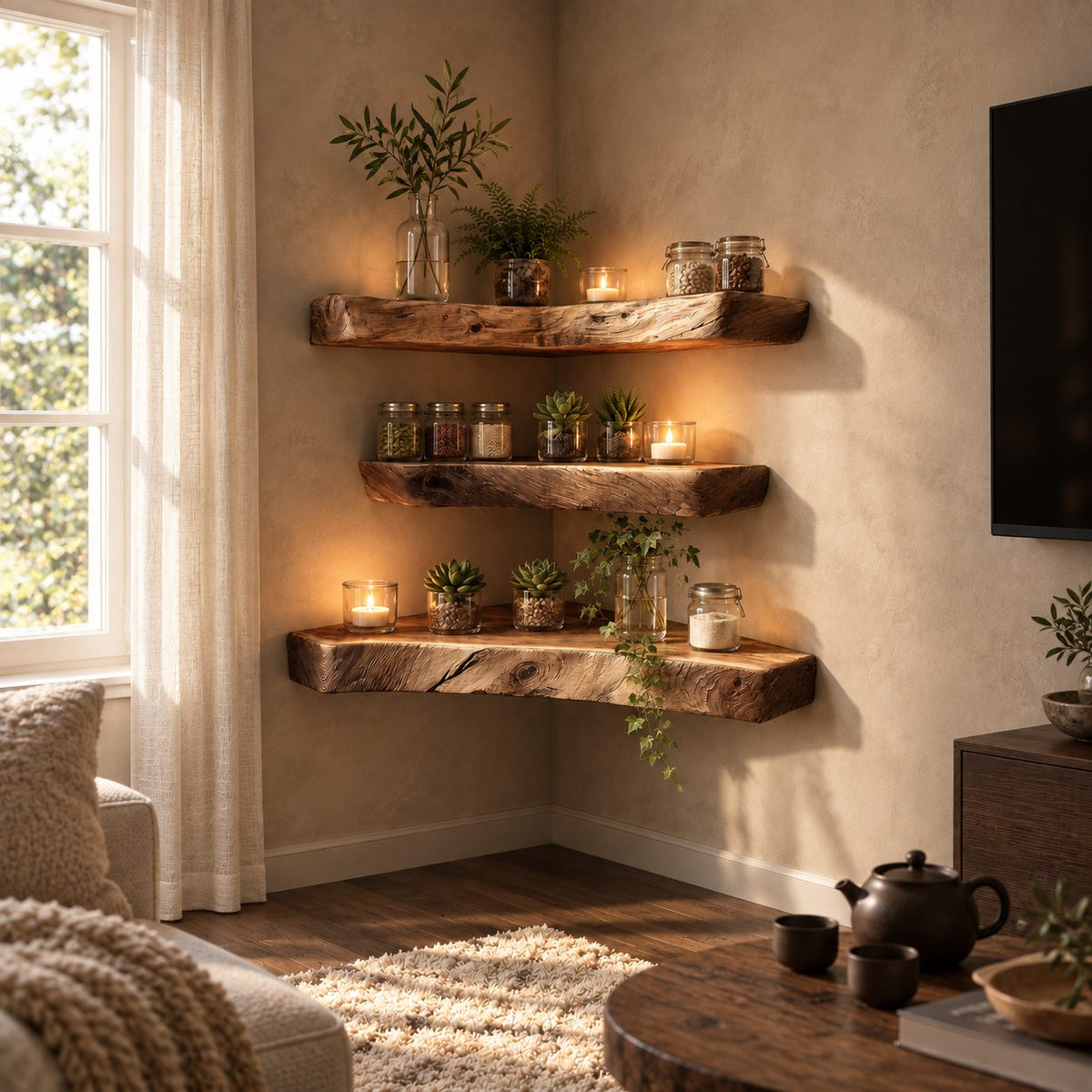 Weathered Chunky Corner Shelf, Solid Wood Floating Corner Shelf with Open Grain Checks and Knots