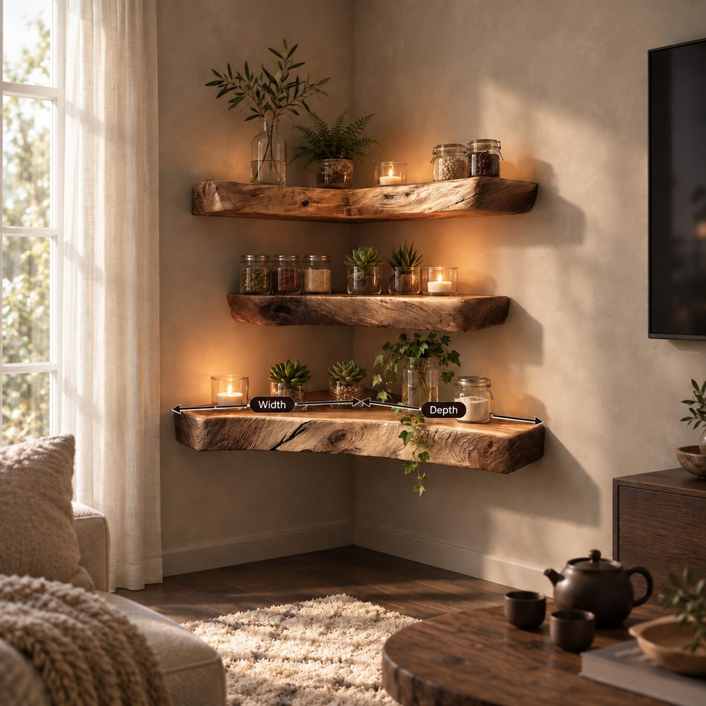 Weathered Chunky Corner Shelf, Solid Wood Floating Corner Shelf with Open Grain Checks and Knots