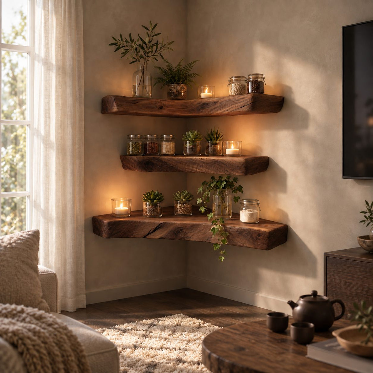 Weathered Chunky Corner Shelf, Solid Wood Floating Corner Shelf with Open Grain Checks and Knots