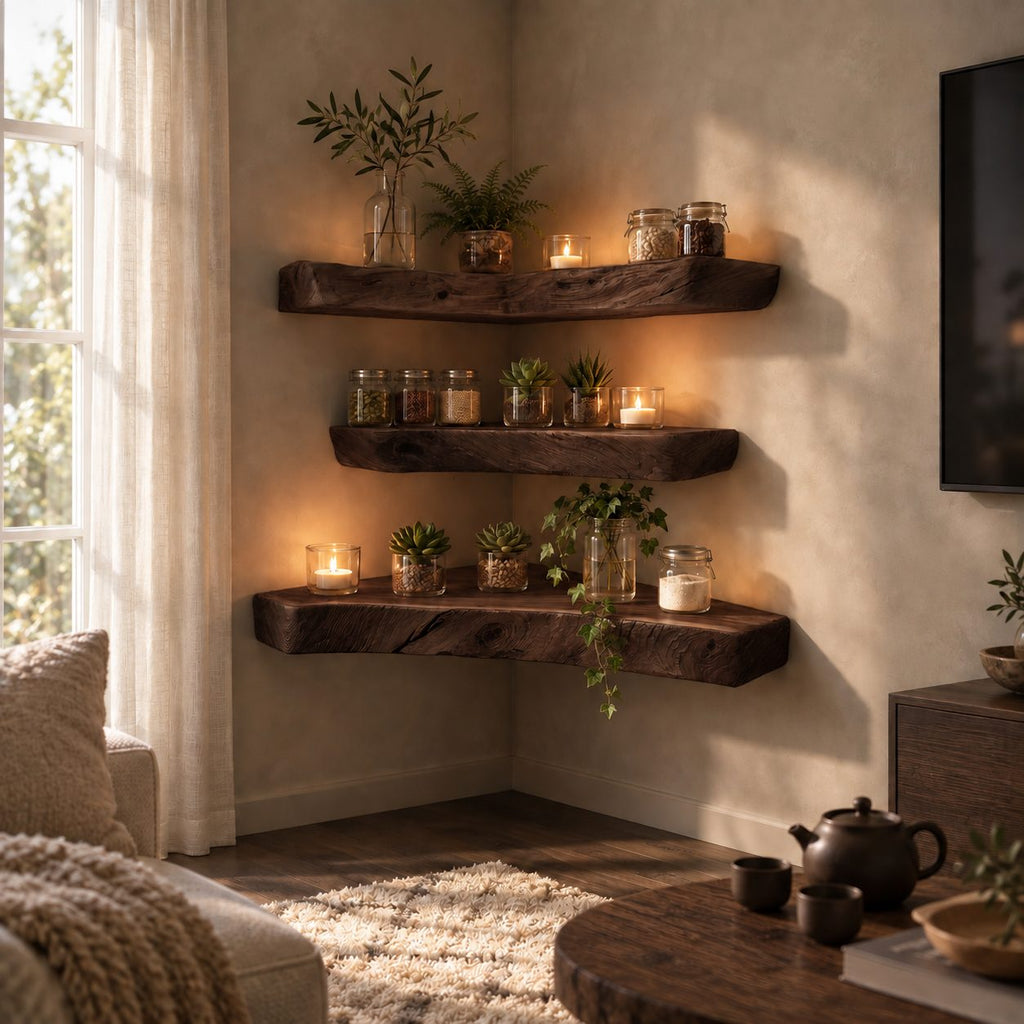 Weathered Chunky Corner Shelf, Solid Wood Floating Corner Shelf with Open Grain Checks and Knots