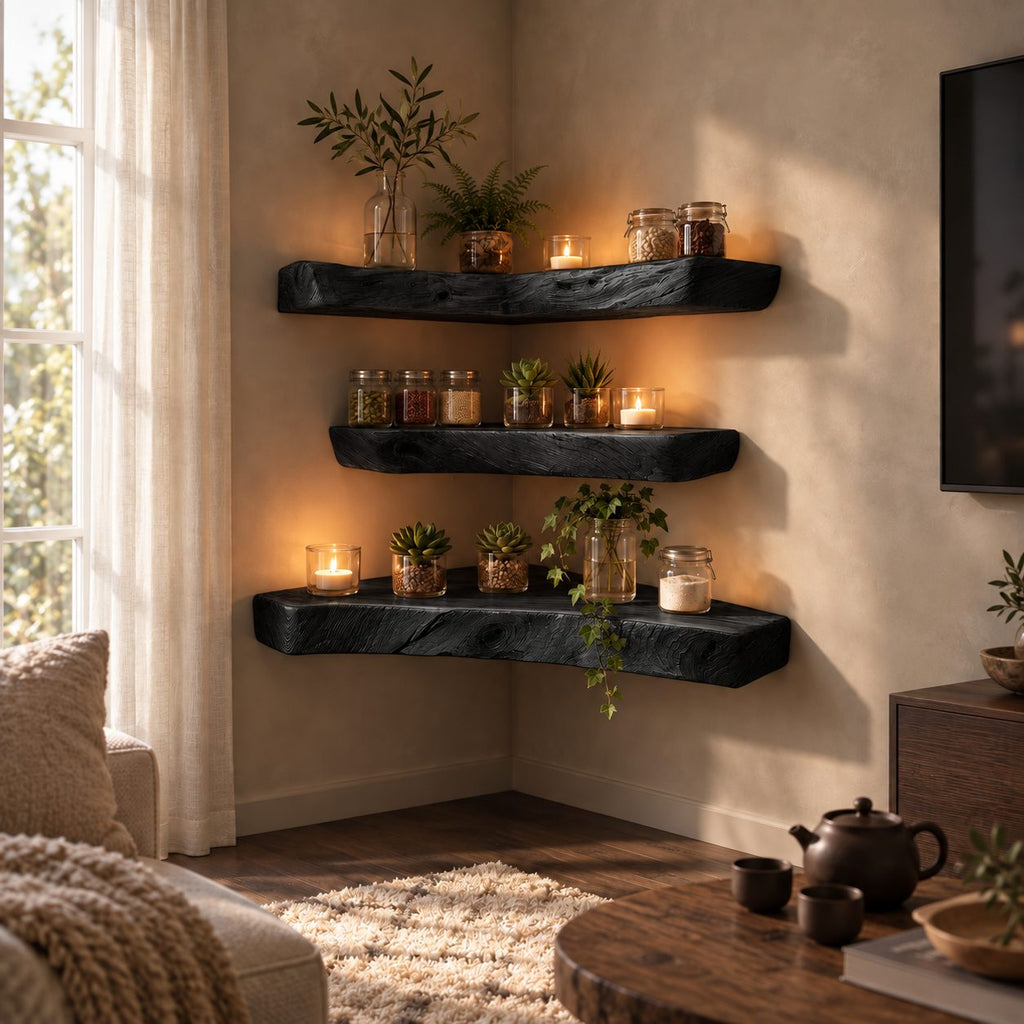 Weathered Chunky Corner Shelf, Solid Wood Floating Corner Shelf with Open Grain Checks and Knots