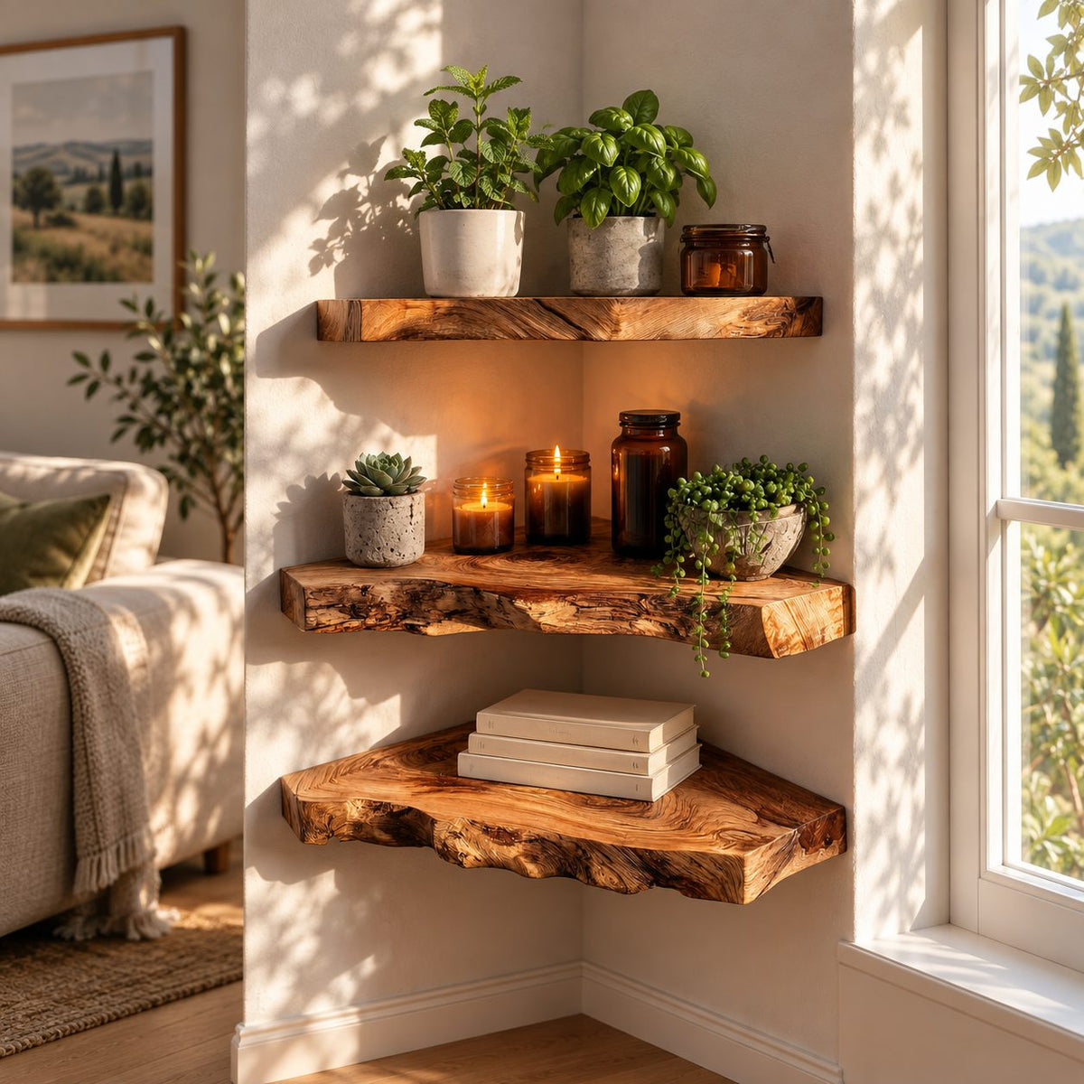 Swirl Grain Corner Floating Shelf, Thick Live Edge Solid Wood Corner Shelf for Bathroom and Bedroom