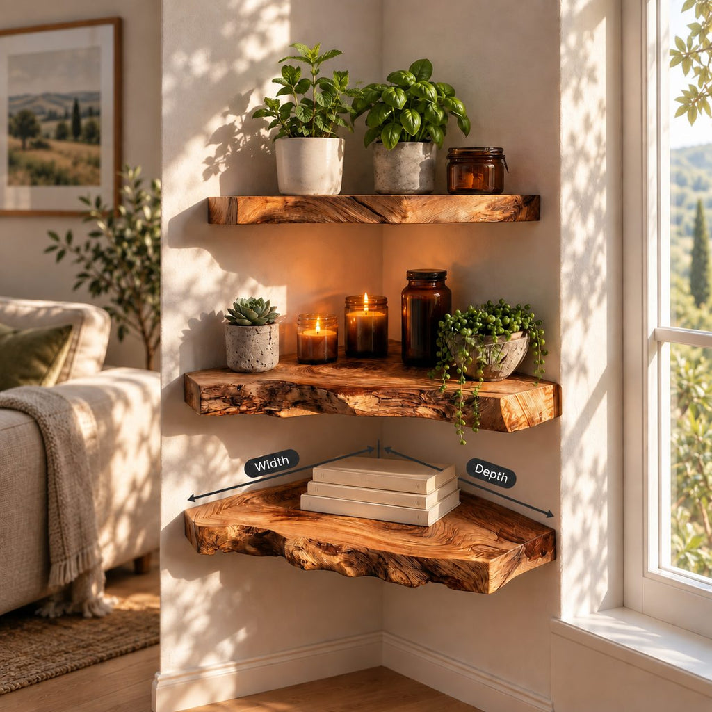 Swirl Grain Corner Floating Shelf, Thick Live Edge Solid Wood Corner Shelf for Bathroom and Bedroom
