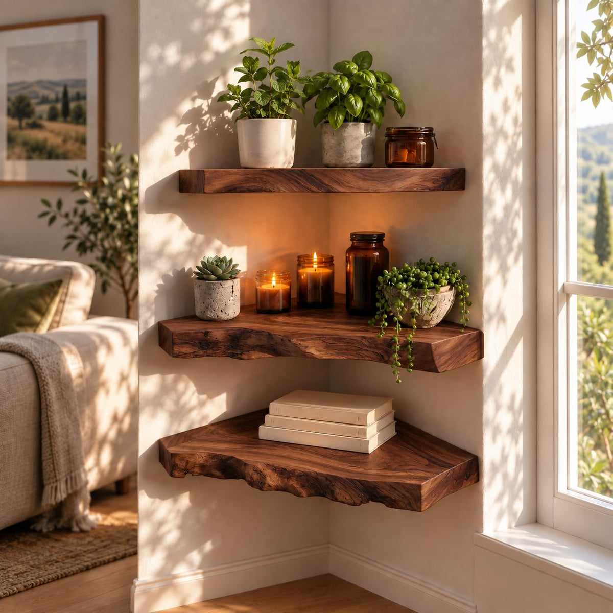 Swirl Grain Corner Floating Shelf, Thick Live Edge Solid Wood Corner Shelf for Bathroom and Bedroom