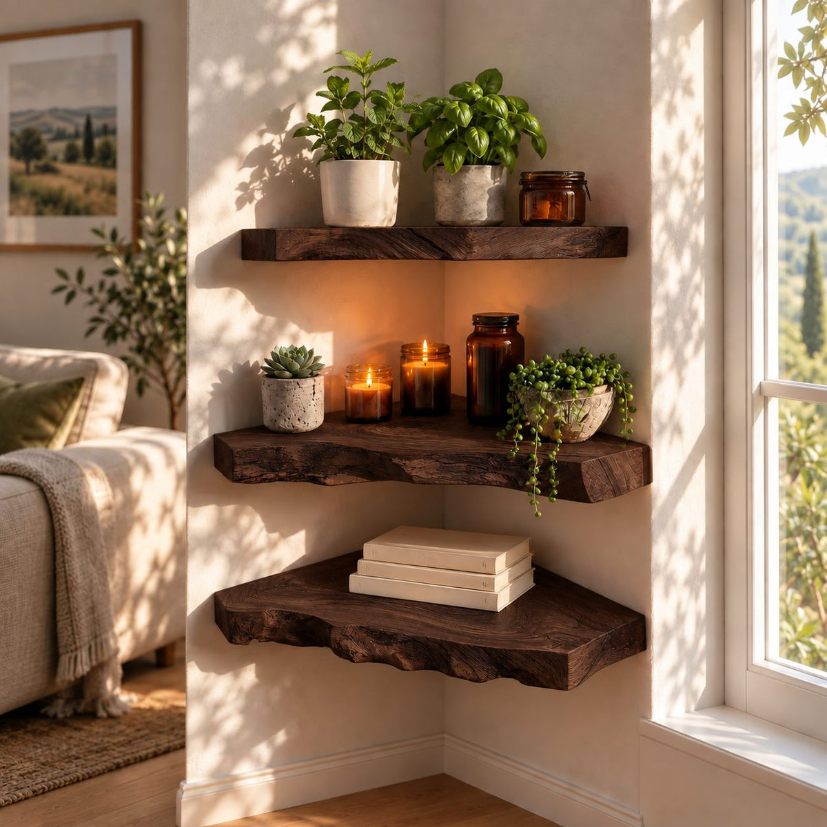 Swirl Grain Corner Floating Shelf, Thick Live Edge Solid Wood Corner Shelf for Bathroom and Bedroom