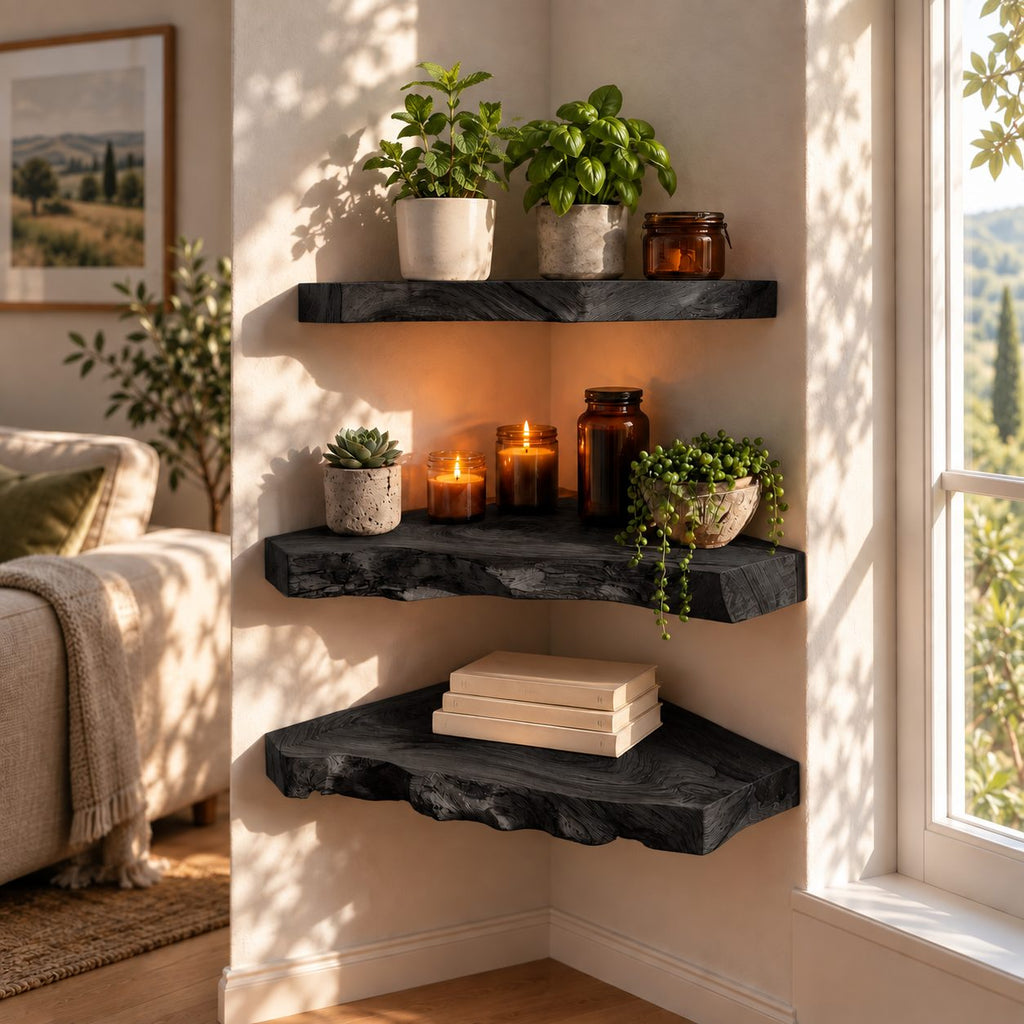 Swirl Grain Corner Floating Shelf, Thick Live Edge Solid Wood Corner Shelf for Bathroom and Bedroom