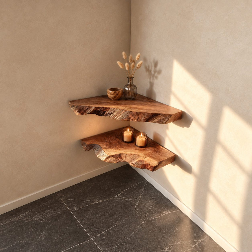 Raw Split Edge Corner Shelf, Thick Solid Wood Floating Corner Slab with Deep Grain Texture, Minimalist