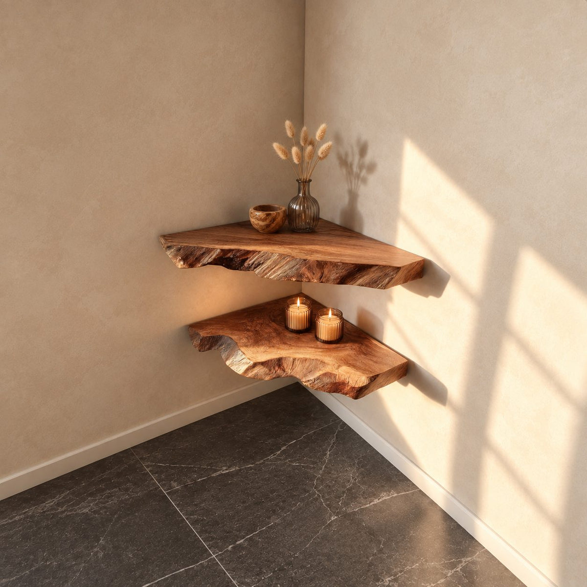 Raw Split Edge Corner Shelf, Thick Solid Wood Floating Corner Slab with Deep Grain Texture, Minimalist