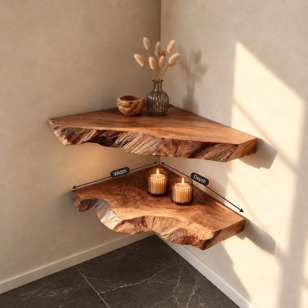 Raw Split Edge Corner Shelf, Thick Solid Wood Floating Corner Slab with Deep Grain Texture, Minimalist