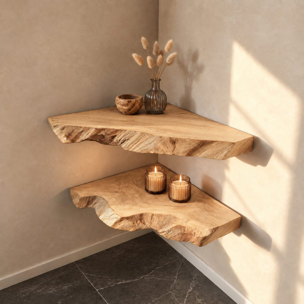 Raw Split Edge Corner Shelf, Thick Solid Wood Floating Corner Slab with Deep Grain Texture, Minimalist