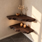 Raw Split Edge Corner Shelf, Thick Solid Wood Floating Corner Slab with Deep Grain Texture, Minimalist
